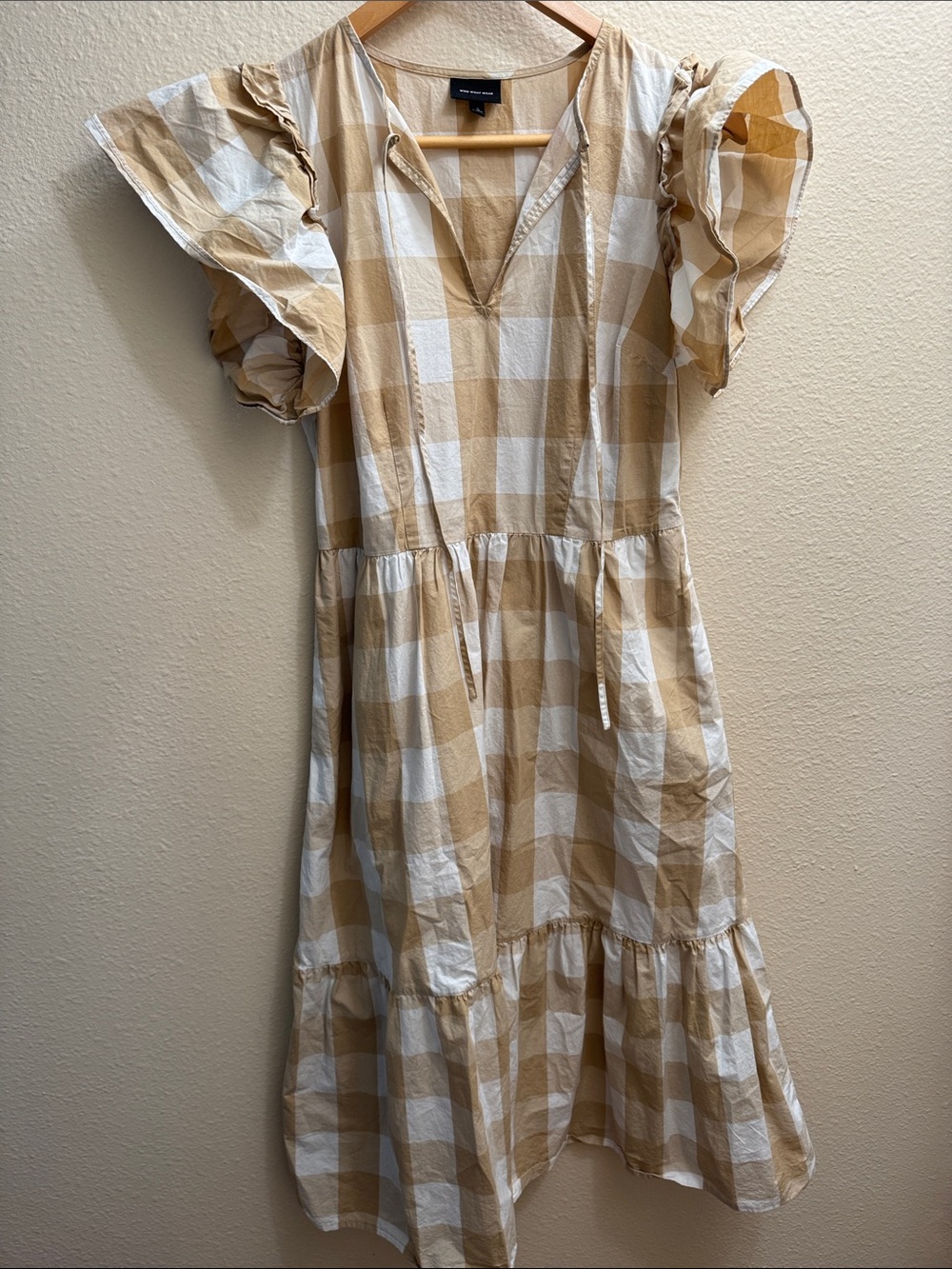 Who What Wear Beige and White Gingham Midi Dress